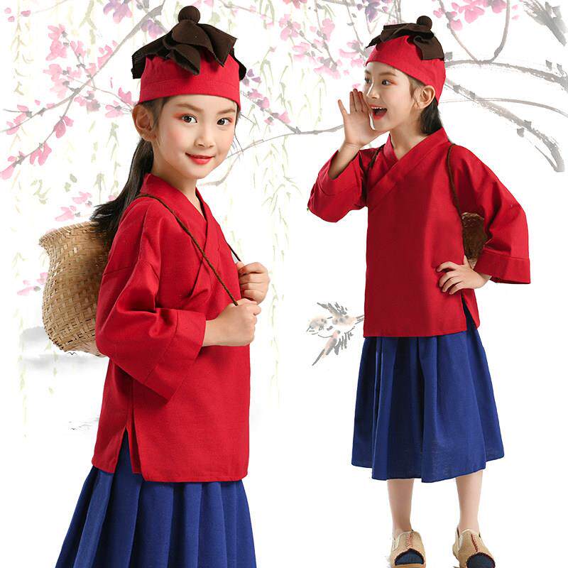 新款女童古装汉服悯农愚公移山服幼儿采蘑菇服装药童服锄禾演出服