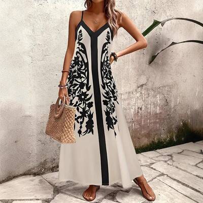Contrast Print Halter Adjustable Straps Dress Chic V Neck