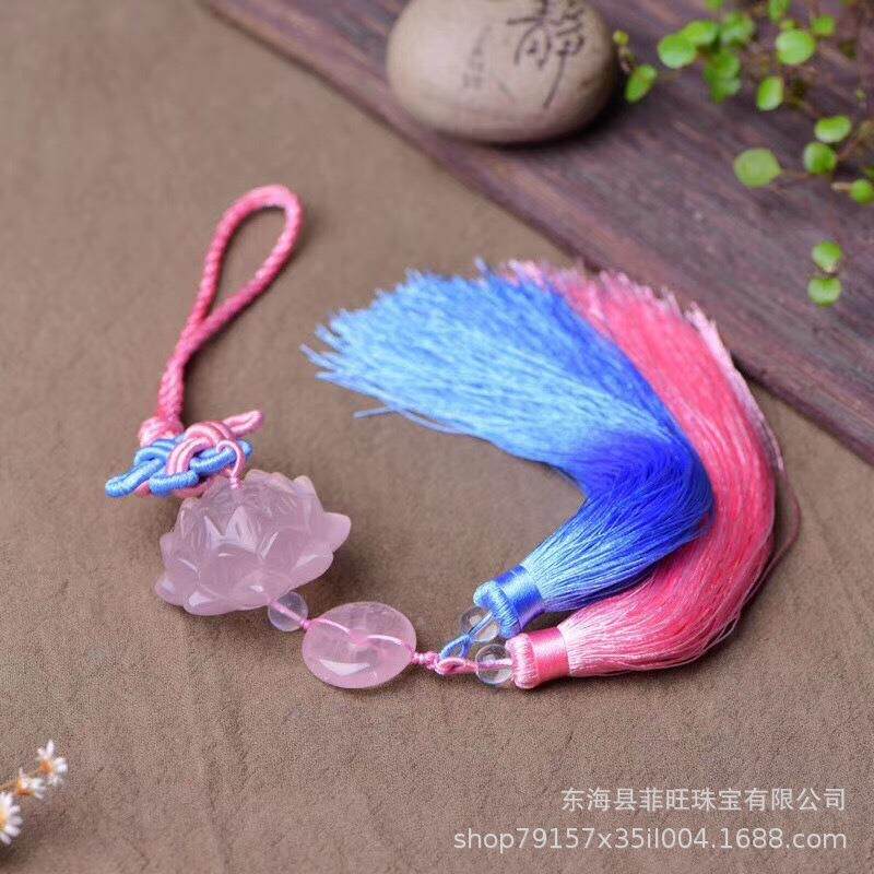 *天然粉晶雕刻莲花车挂搭配手工编织流苏穗 粉晶平安扣车挂