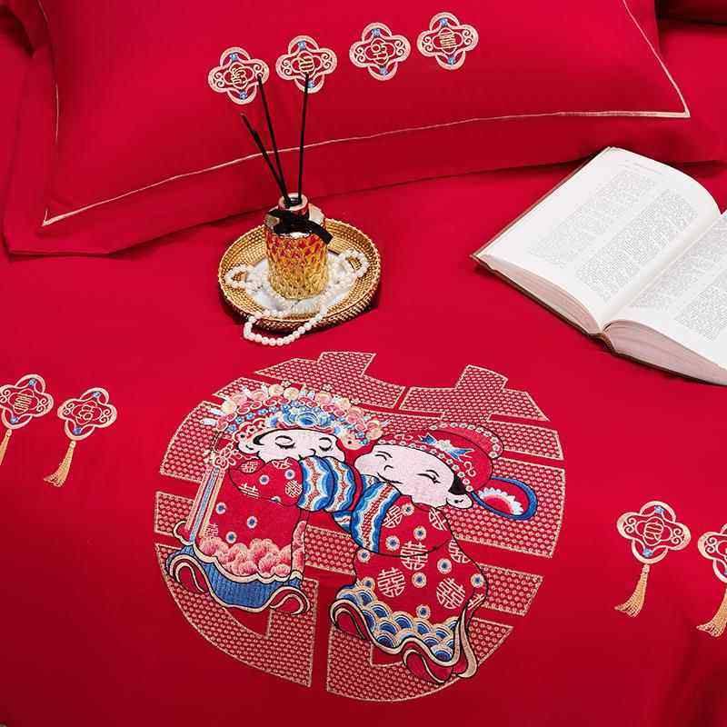 2020604约庆四件水简洗亲夫棉四件套大红色结婚床婚单被套套床笠