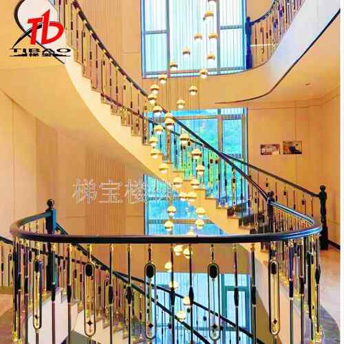 轻奢别墅会所家用弧形楼梯扶手奢华铝楼梯雕花护栏厂家风铝制防滑