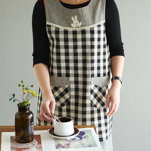 5418日式 罩衣围腰 麻棉格子加厚厨房做饭家务清洁围裙女马甲背心式