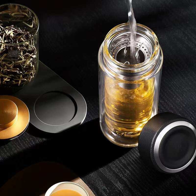 万象双层玻璃水杯大容量男士高档车载隔热家用泡茶办公皮纹高硼硅,餐饮具,玻璃杯,淘宝优惠券,粉丝福利购,淘宝优惠卷