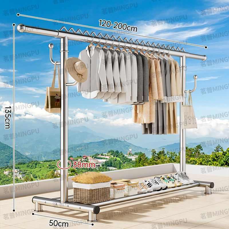 晾衣架管径落地阳台加厚伸缩防风家用不锈钢38杆移动户外晒衣杆单