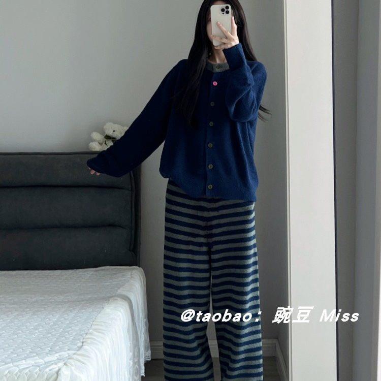 甜美少女条纹半边绒睡衣女冬季加绒加厚珊瑚绒保暖网红家居服套装