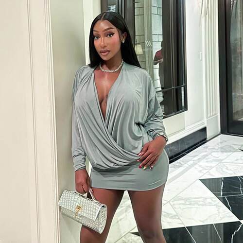 Women's Sexy Deep V Neck Long Sleeve Bodycon Dress Plain