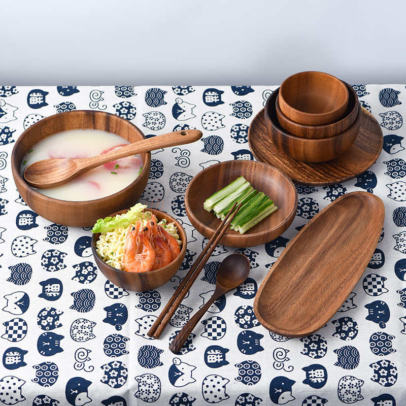 CHENJAZ日式高颜值木质餐具套装家用碗碟精致一人食盘子碗4件套