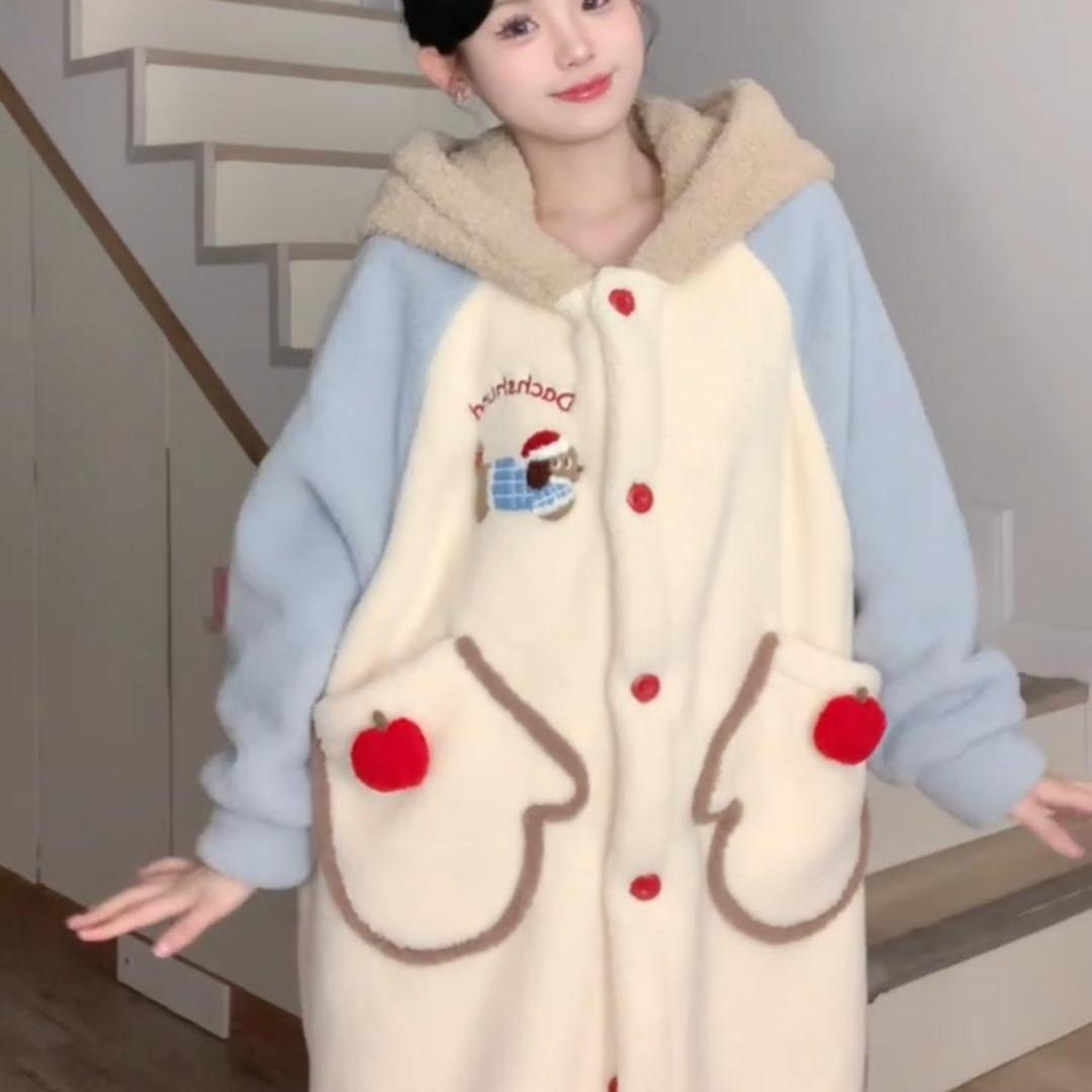 冬季腊肠狗珊瑚绒睡袍女冬款2024新款加绒加厚睡衣长袍家居服冬天