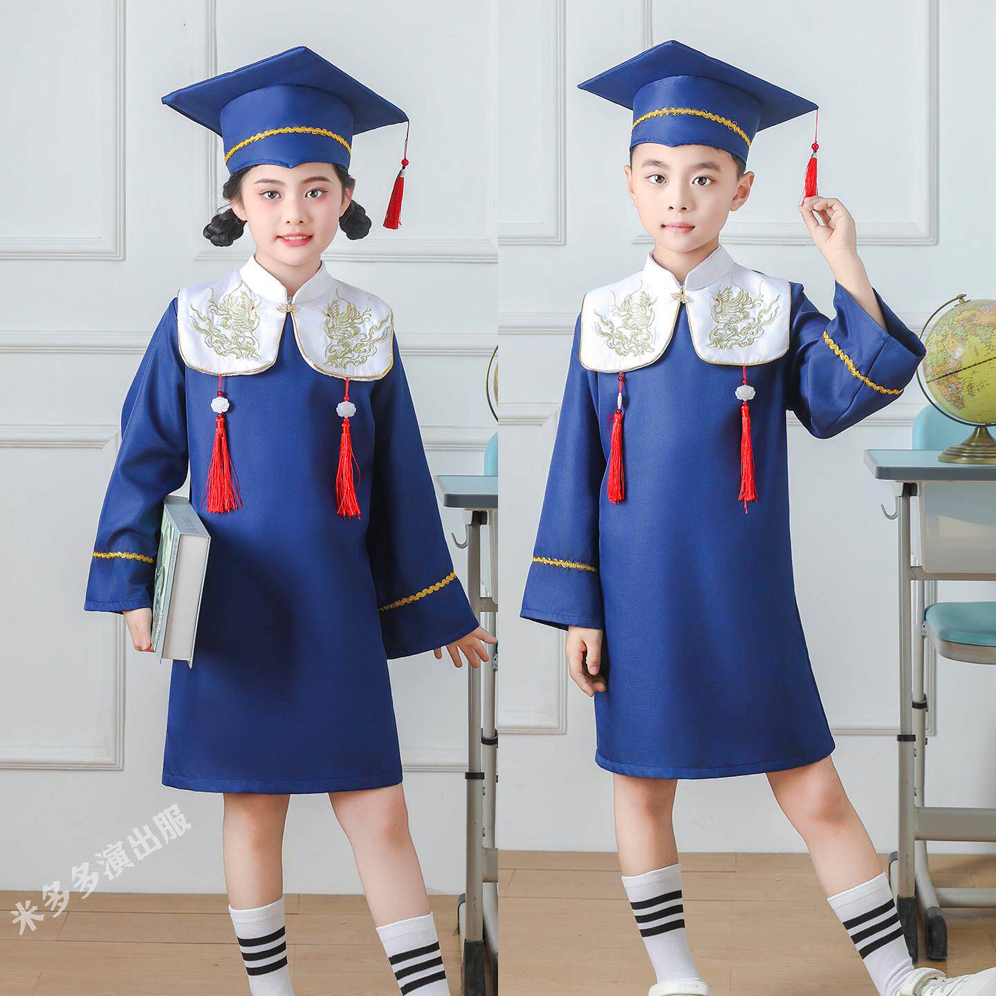 幼儿园毕业服装新款儿童博士服小学生学士服簪花新中式毕业典礼服