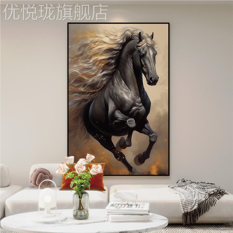 网红轻黑骏马高现客奢厅饰画代简约玄走廊挂色关画装竖版大幅档落