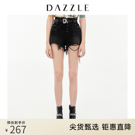 dazzle地素奥莱春季黑色绑带，毛边破洞牛仔短裤女