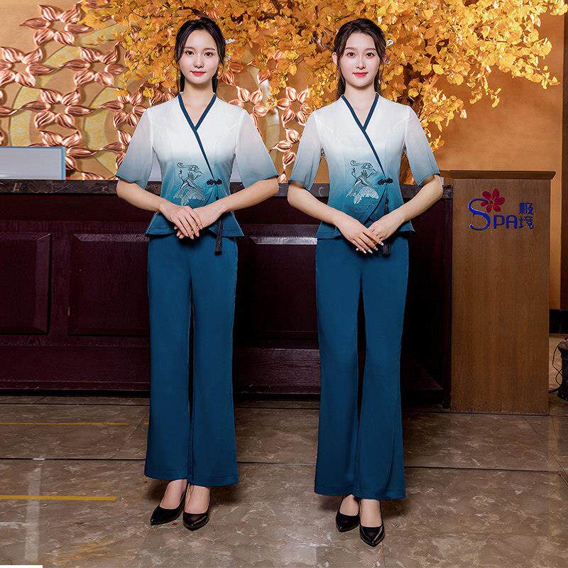 棠越春夏足疗技师工作服女足浴养生馆SPA采耳技师工作服渐变高端