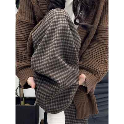 美拉德咖色格子阔腿裤女秋冬新款加绒加厚裤子磨毛棕色直筒1215e