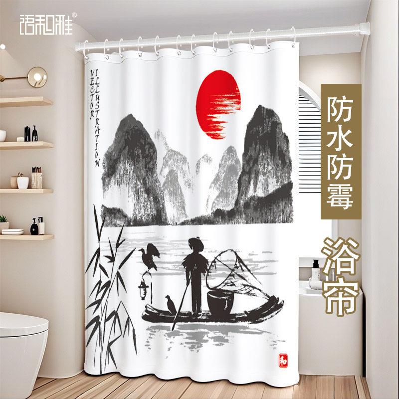 水墨山水梅花图防水防霉装饰浴帘卫生间干湿分离厕所隔断帘免打孔