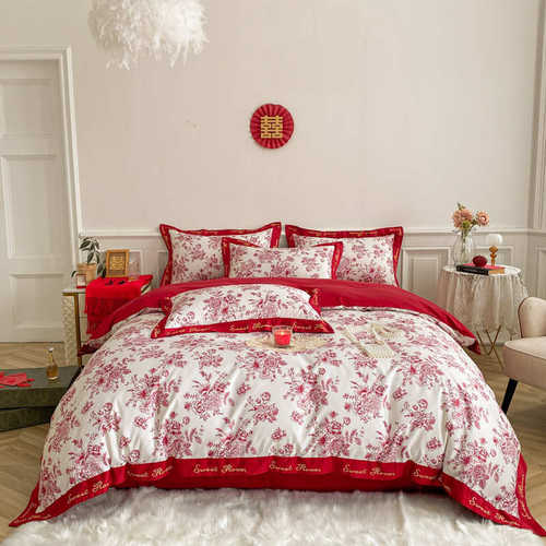 大红件套床单床上用品批发四4数码南通喜庆被套印花结婚婚庆件套