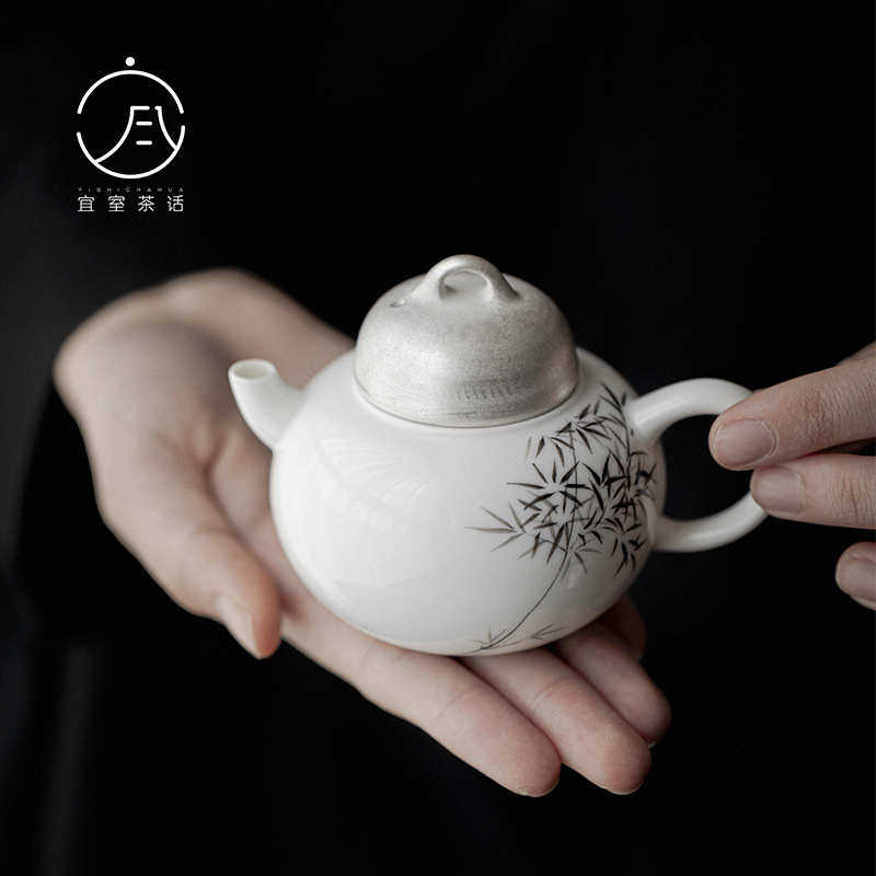家用茶壶茶话陶瓷室竹子口 宜茶具手绘滤泡功夫银茶壶小壶鎏带过