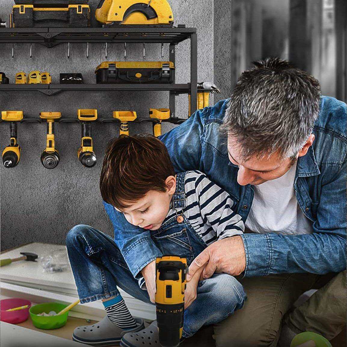 SDY电动工具支架和储物架,用于车库组织,重型金属工具架带电池架