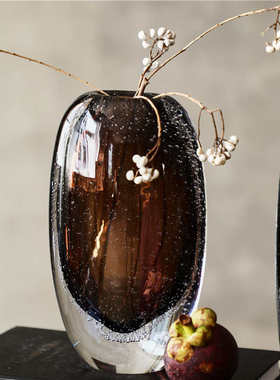 居家台面琉璃现代装饰扁花瓶底棕口气泡客厅简约奢摆茶轻厚样板间