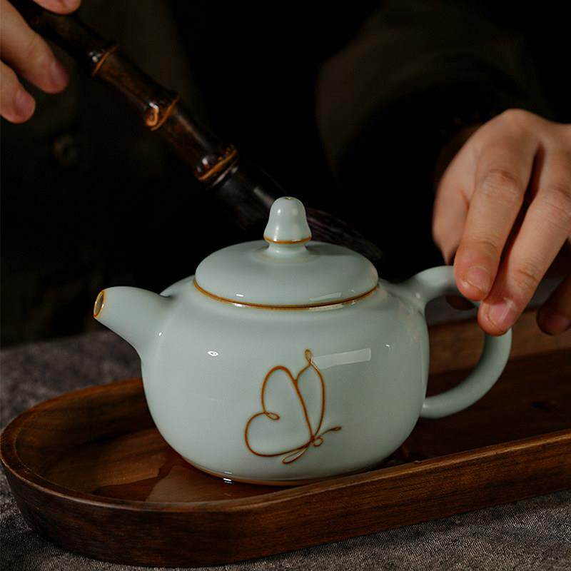 手工汝窑茶壶陶瓷单壶茶具开片可养礼盒装景德镇青瓷仿古宋代汝瓷