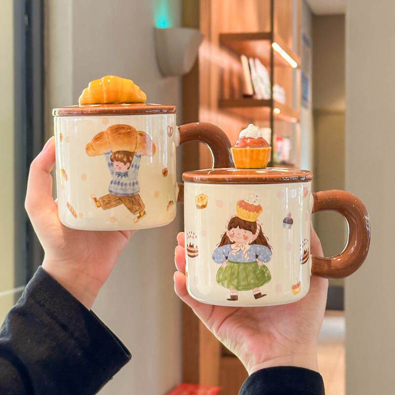 奶fufu可颂蛋糕马克杯带盖子勺男女生情侣陶瓷杯咖啡牛奶杯生日礼