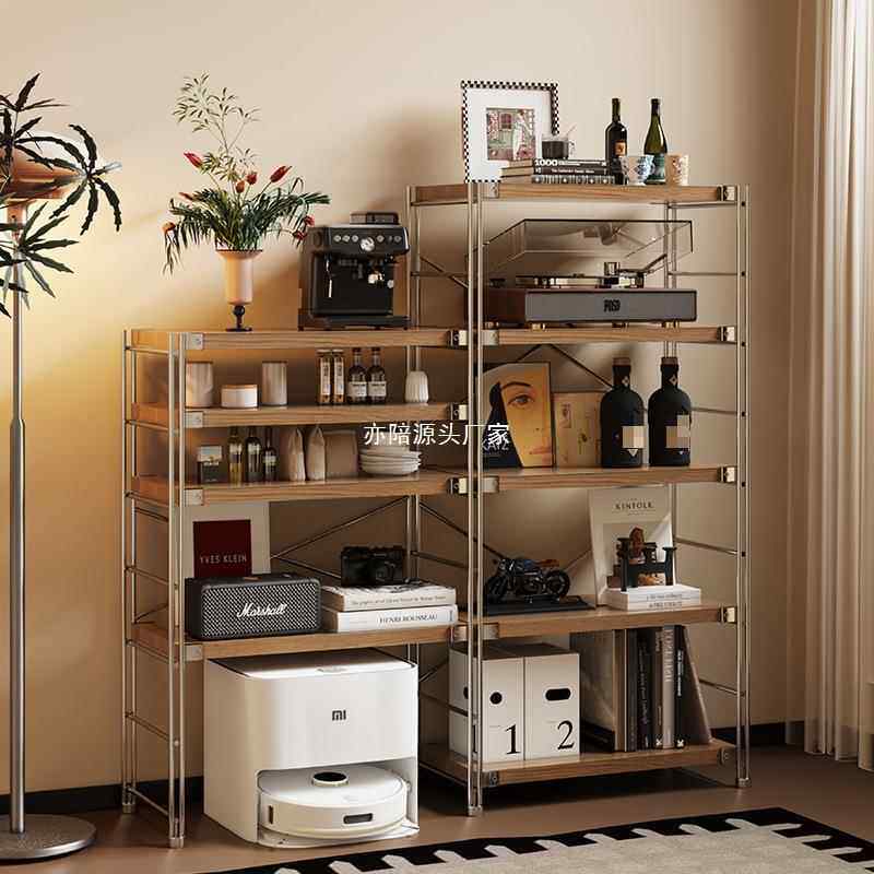 原木风日式厨房置物架多层收纳架落地微波炉储物架家用架子放锅架