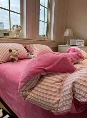 高档A面色织冬水洗棉提花B8版牛绒灰色四件套1.5m奶1.秋舒适保暖