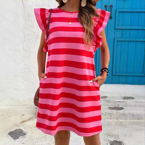 Red Stripe Flutter Sleeve Round Neck Shift Mini Dress