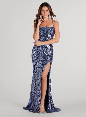 Dress sequin suspender backless high slit dress