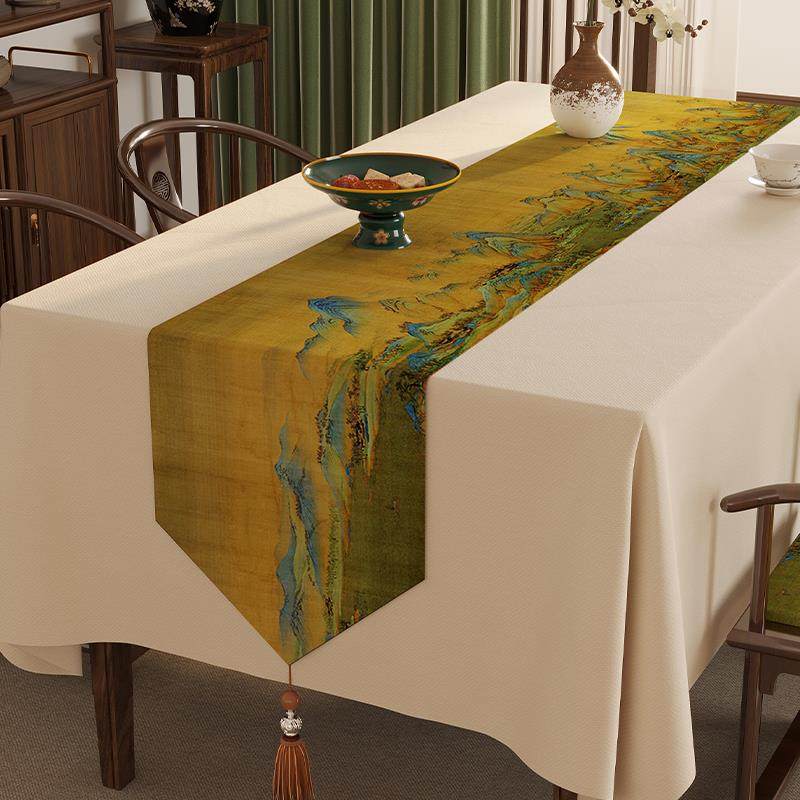 千里江山画桌旗桌布电视柜桌布防尘防水鞋柜盖布棉麻长条形茶旗,居家布艺,桌旗,淘宝优惠券,粉丝福利购,淘宝优惠卷