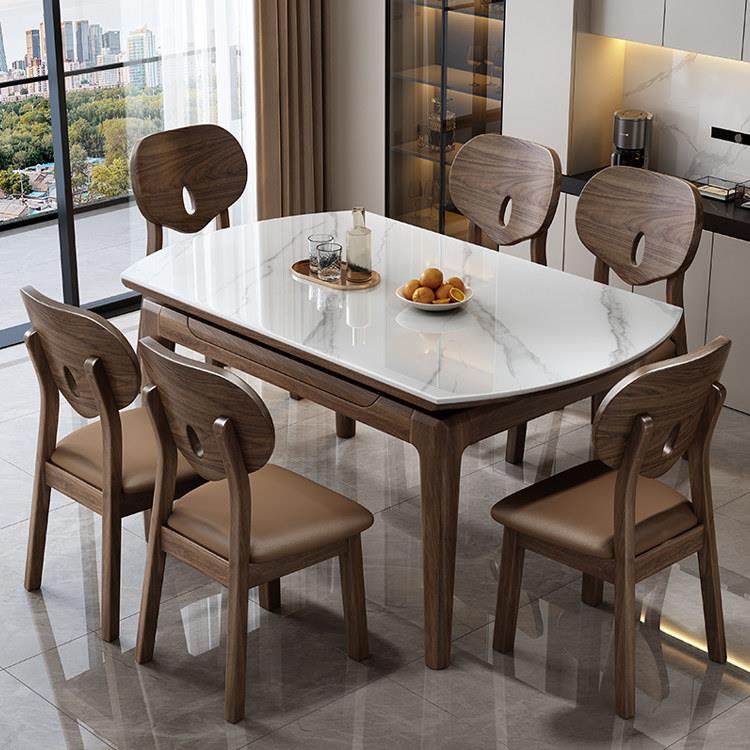 北美黑胡桃木岩板实木餐桌椅组合可伸缩家用小户型折叠可变圆桌子