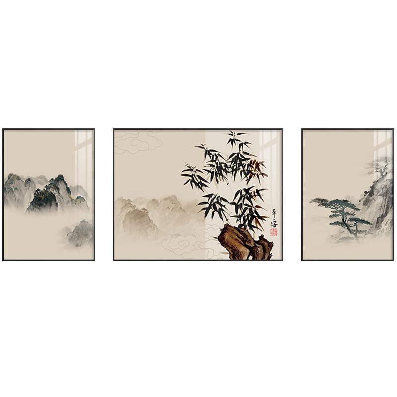 迎客松竹子客厅装饰画三联画新中式沙发背景墙挂画大气水墨山水画