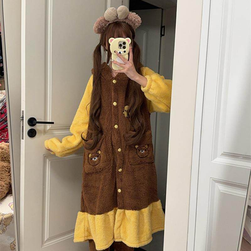 轻松熊睡衣女款秋冬季珊瑚绒熊妹可爱少女睡袍学生冬天家居服套装