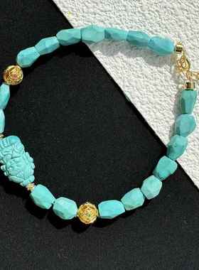 天然原矿高瓷绿松石随行无相珠手链 瓷花仙子单圈手串7×5mm左右