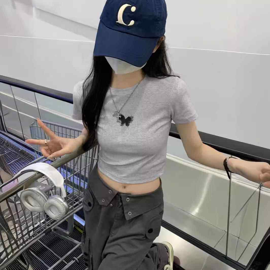 辣蝴妹蝶印花短袖T恤女季修身显瘦短款露脐学生夏上衣潮