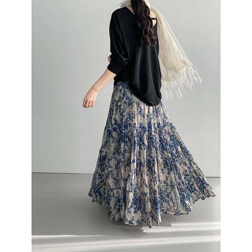 French Romantic Blue Ditsy Floral Chiffon Skirt, Summer New