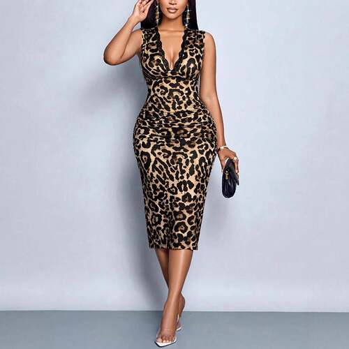 Sexy Deep V Sleeveless Leopard Print Bodycon Midi Dress Sexy