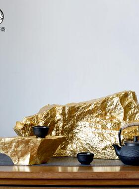 新中式假山石头装饰品铁壶茶具组合摆件售楼处书房展示台面艺术品