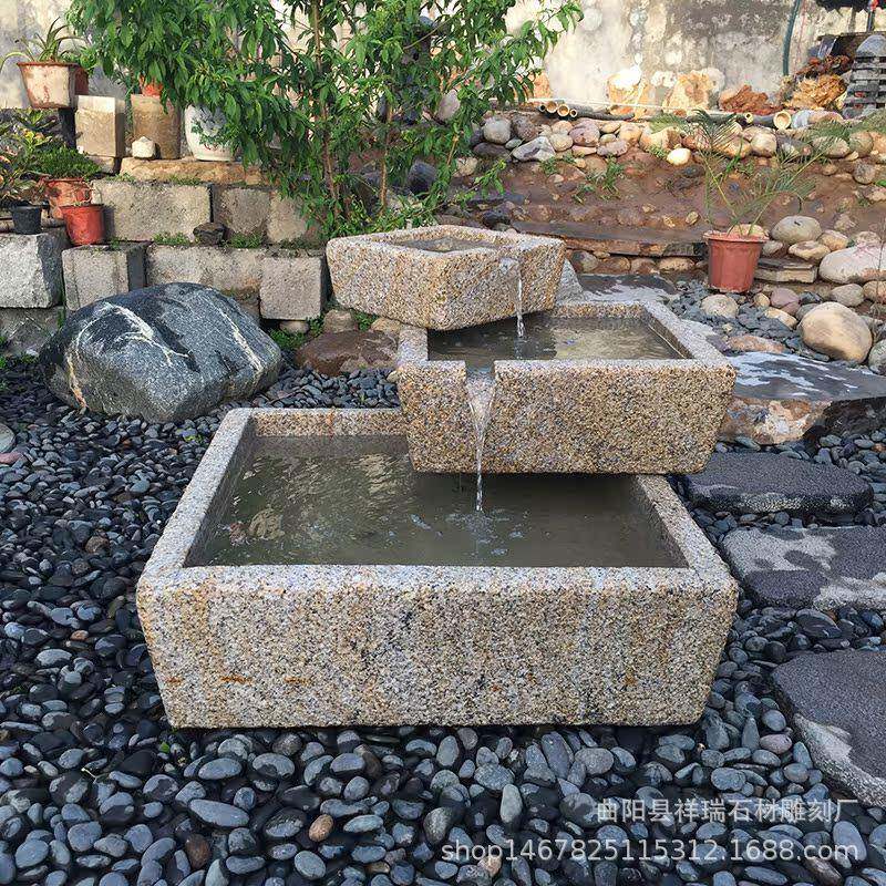 石头流水鱼缸石雕庭院水池喷泉装饰户外石槽养鱼池手工雕刻工艺