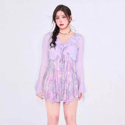 大码胖mm泳衣女紫色晕染加加大显瘦遮肚连体平角两件套泡温泉