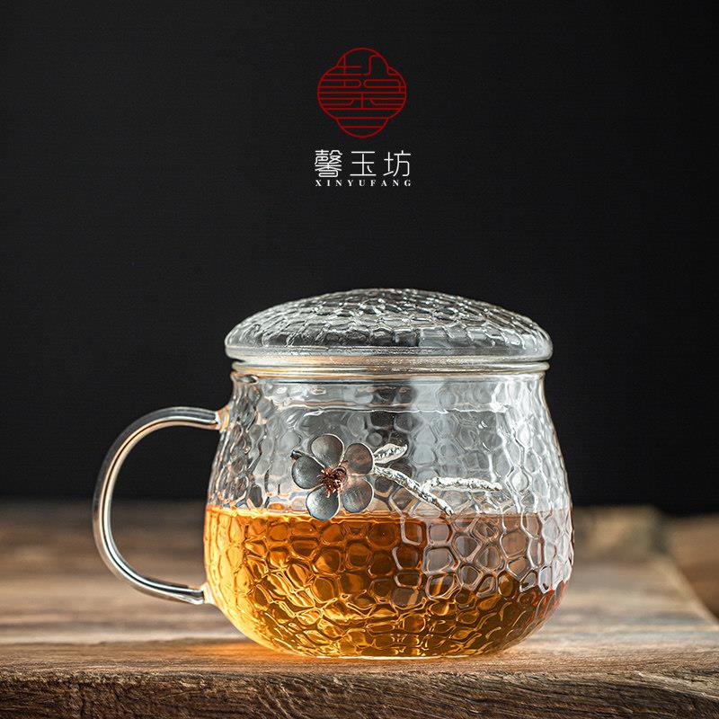 馨玉坊锤纹耐高温玻璃茶杯带把加厚带过滤泡茶杯办公家用喝水杯