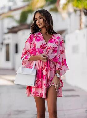 Women's collar printed waistband sleeve dress short