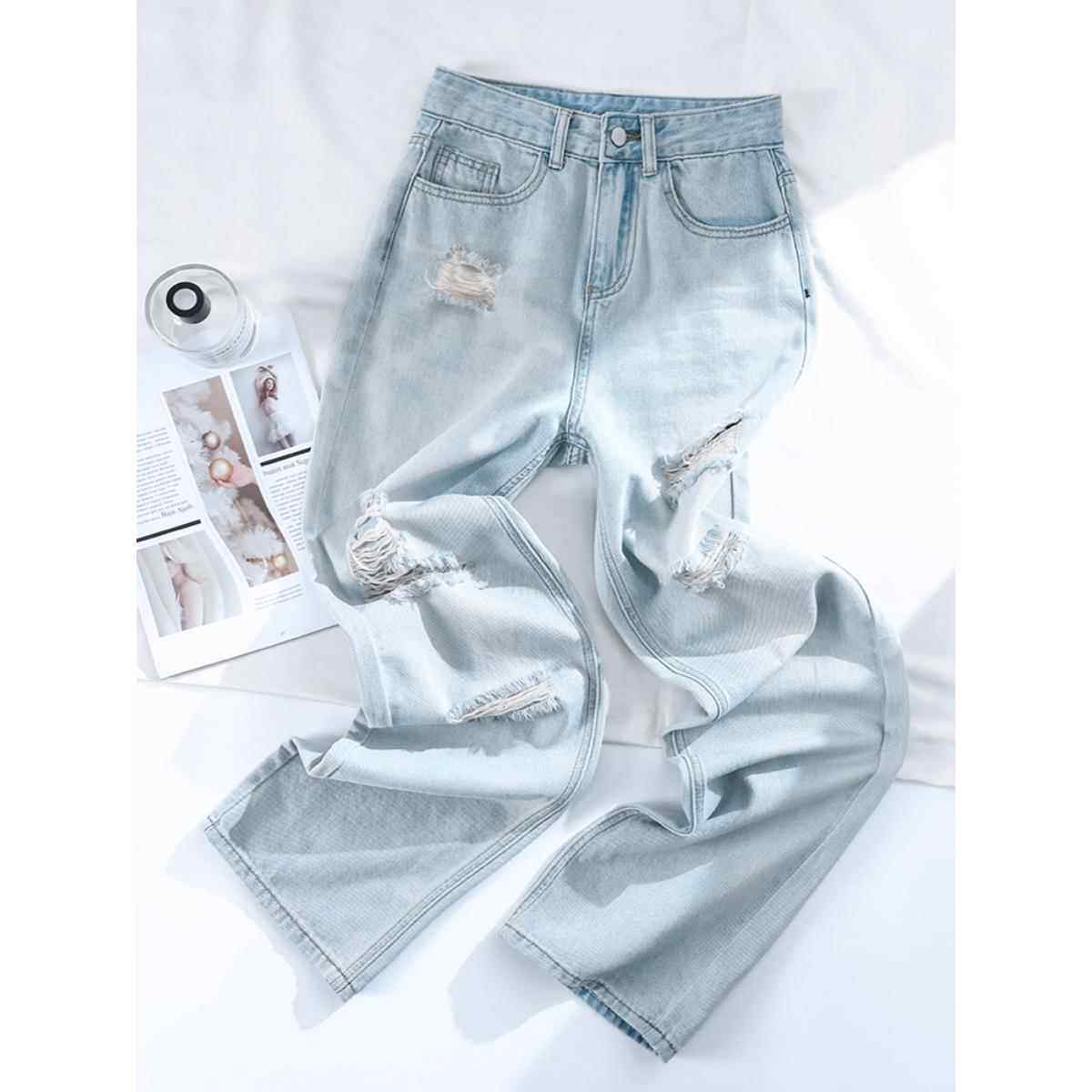 破洞牛仔裤女2025年秋冬新款高腰显瘦直筒宽松月光蓝垂感阔腿裤潮