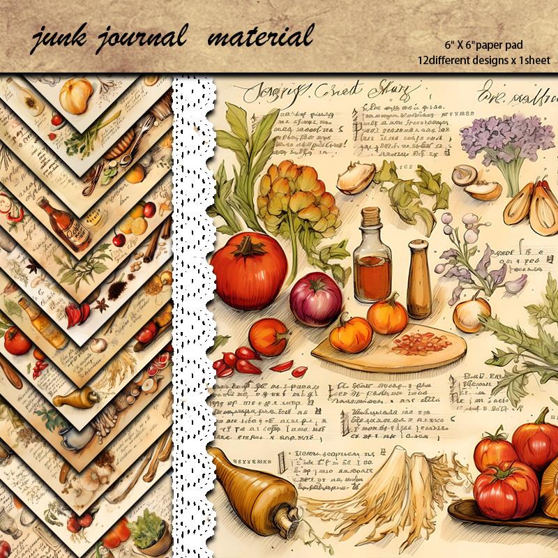 Junk Journal素材纸复古食物12张蔬菜水果做旧图案装饰diy折叠纸