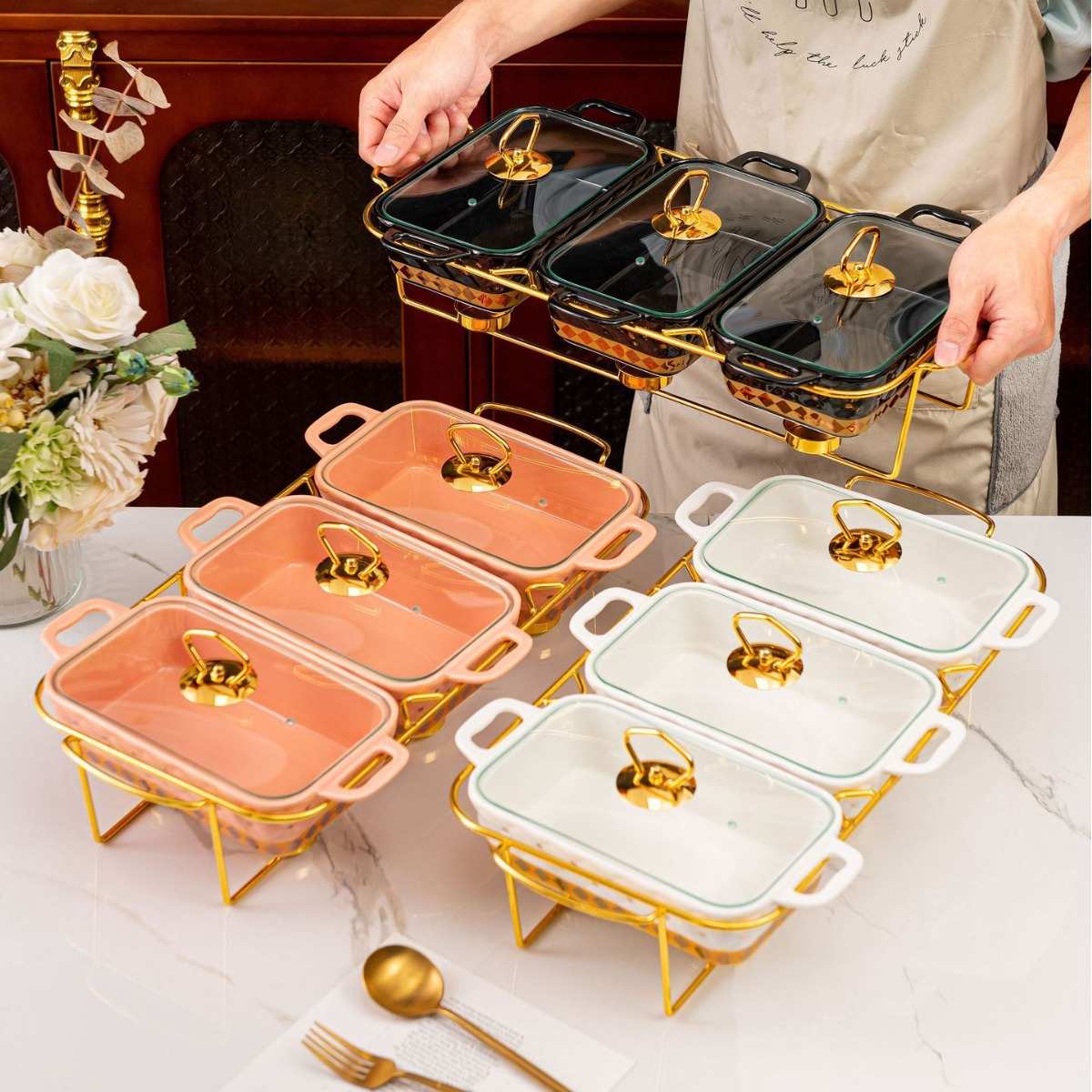 casserole三格布纹陶瓷金色烤盘餐具加热汤锅3pcs/set bake ware