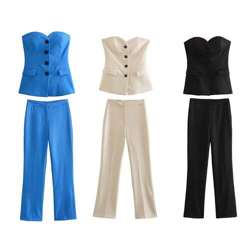 Blue Notched Neck Tube Tops Blazer Sleeveless Button Fitted