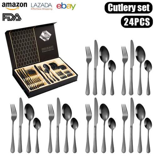 Cutlery set不锈钢餐具套组金色刀叉套组24件套西餐具6人份礼盒装