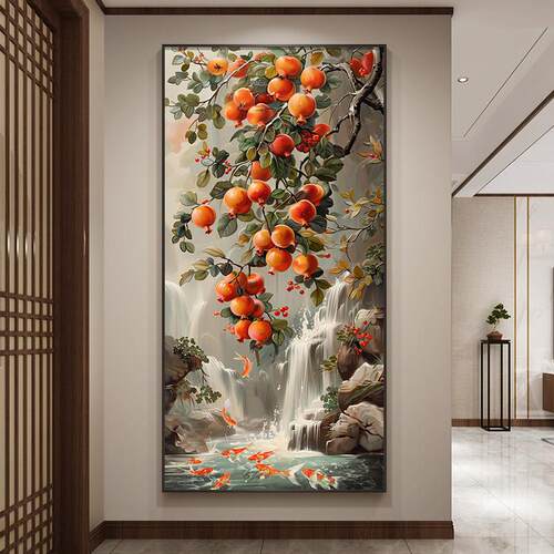 新中式多子多福石榴玄关装饰画 画流水生财走廊挂画 画九鱼图入户