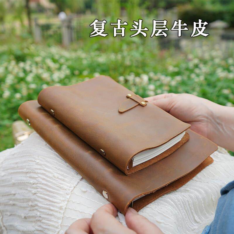 覆古棕色疯马皮活页笔记本带扣文艺高颜值真皮手账A5A6商务记录本