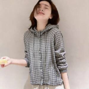 韩系复古格子连帽外套女春夏新款薄款空调衫宽松百搭休闲防晒上衣