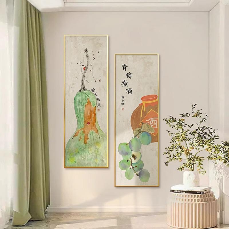日新中式青梅煮酒玄关饰装画式原青藤翠宝木风入道户正对门挂画竖